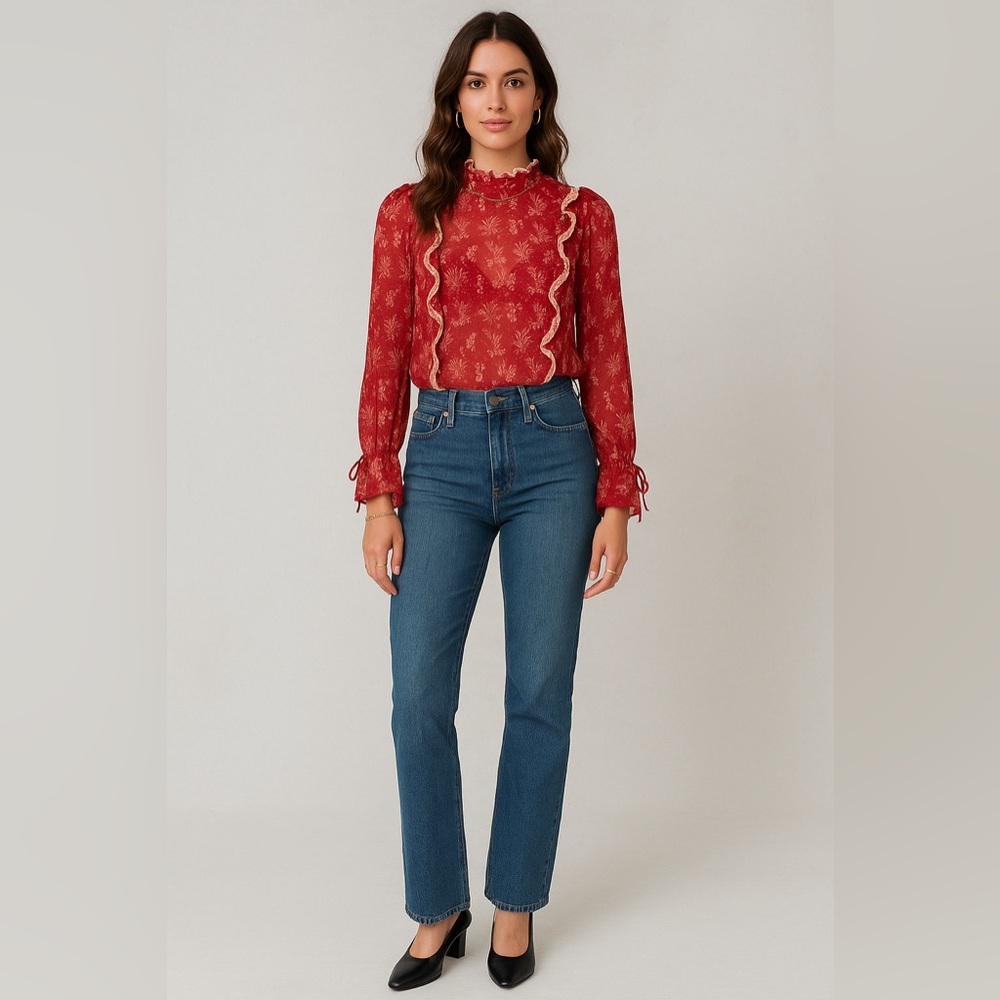 Topshop Red Floral Ruffle Blouse